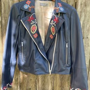 Blue Faux Leather Embroidered Jacket Sz XL